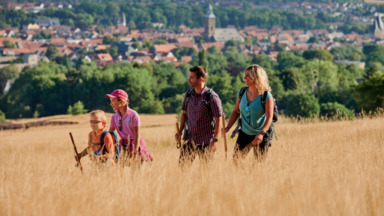 Eine Vierköpfige Familie wandert durch Goslars Natur 